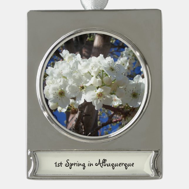 White Blossoms II Spring Flowering Tree Silver Plated Banner Ornament (Front)