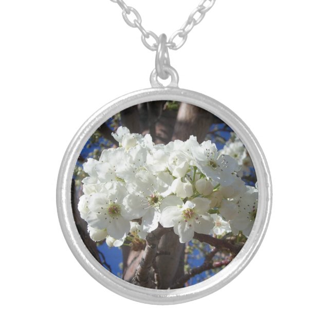 White Blossoms II Spring Flowering Tree Silver Plated Necklace (Front)