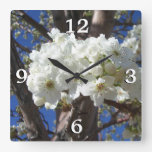 White Blossoms II Spring Flowering Tree Square Wall Clock