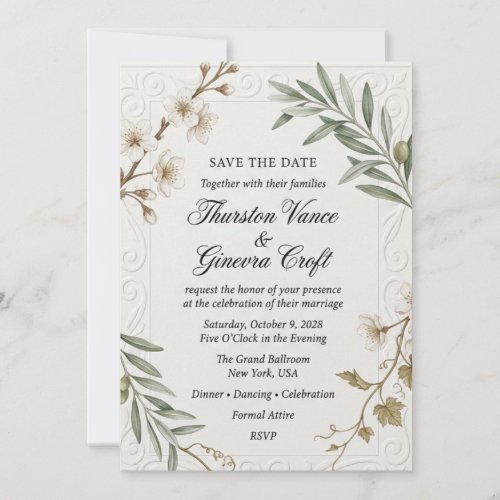 White Blossoms, Olive Branches, Embossed Scroll Bo Invitation