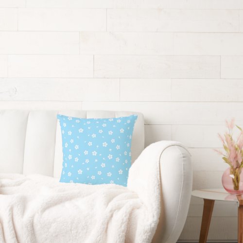 White Blossoms on Baby Blue Pattern Throw Pillow