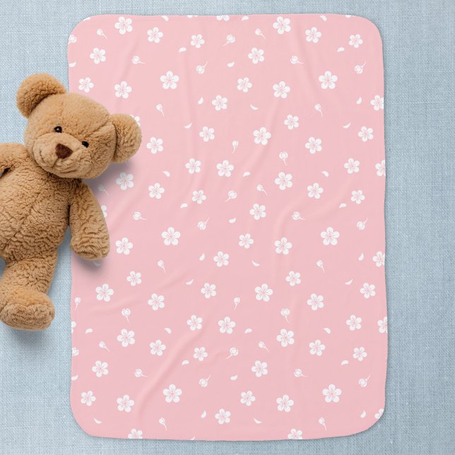 White Blossoms on Baby Pink Pattern Baby Blanket (Creator Uploaded)