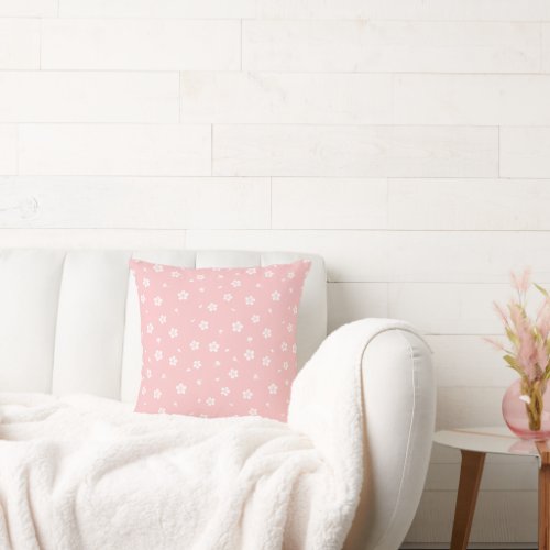 White Blossoms on Baby Pink Pattern Throw Pillow