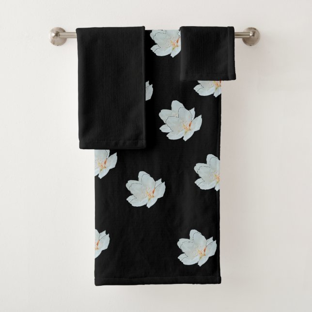 White Blossoms On Black  Bath Towel Set (Insitu)