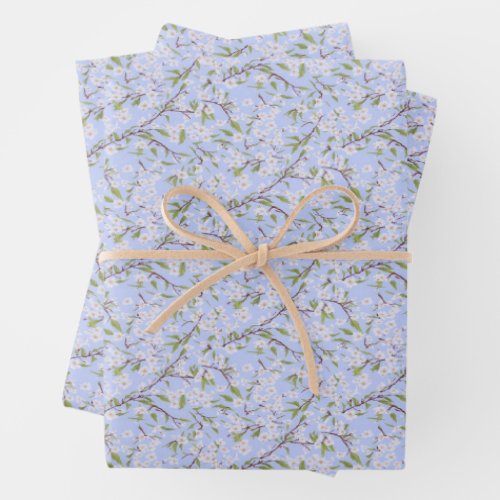 White Blossoms on Blue Wrapping Paper Sheets