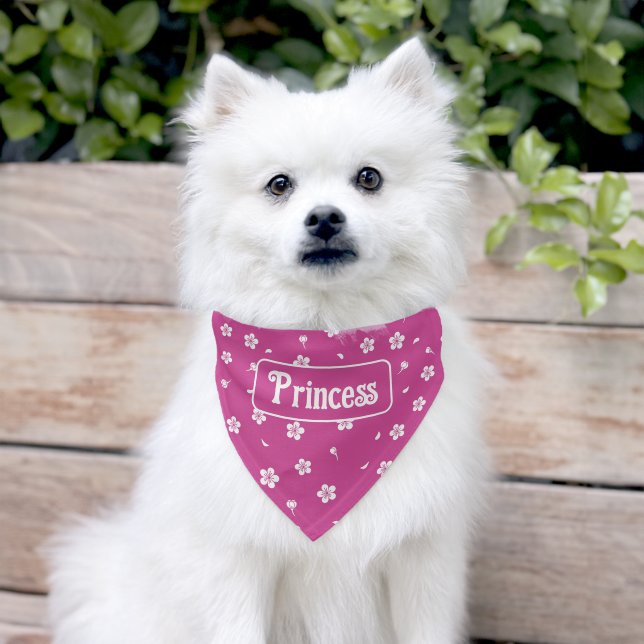 White Blossoms on Bright Pink Custom Name Pet Bandana Collar (Dog)