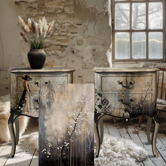 White Blossoms Tree Branch Abstract Moody Tissue Paper (Black Tie, Elegant, Rustic, Floral Blossoms Moody Aesthetics, Decoupage Tissue Paper.)