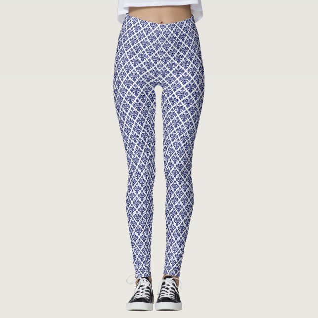 White Blue 2 Layer - Damask #2 DIY BG Ptn NB Leggings (Front)