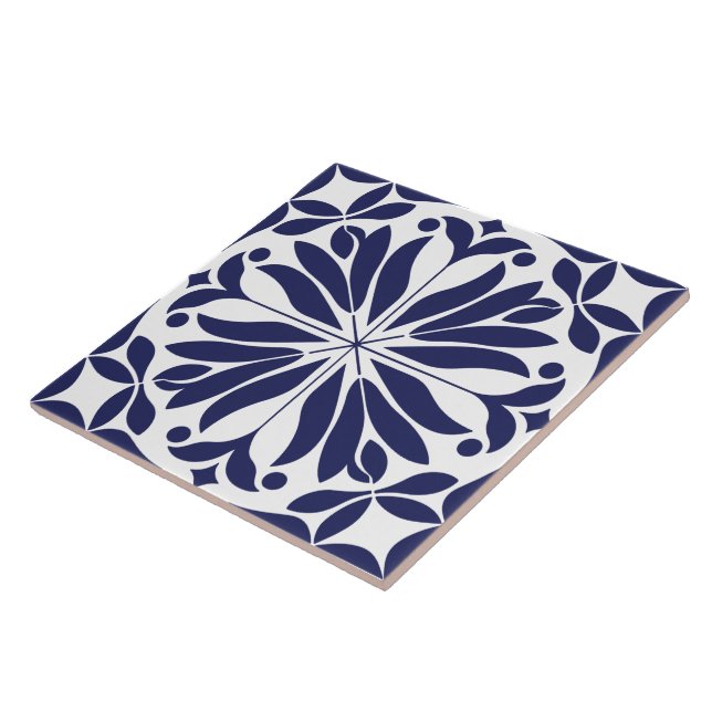 White &blue Abstract floral geometric  Ceramic Tile (Side)