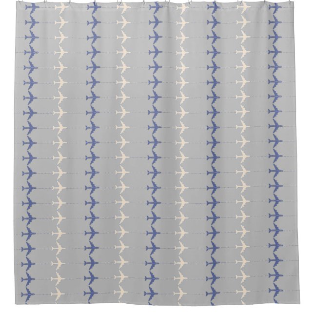 white/ blue airplanes pattern for pilots - plane shower curtain (Front)