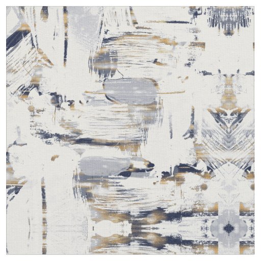 White Blue and Gold Brush Painting Fabric