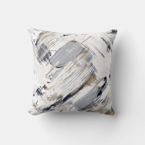 White Blue and Gold Brush Painting Throw Pillow