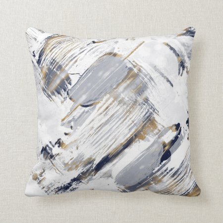 White Blue And Gold Brush Painting Throw Pillow