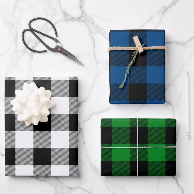 White Blue And Green Buffalo Plaid Canadiana Wrapping Paper Sheets (Front)