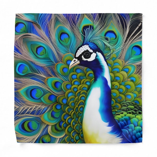 White blue and Green Piebald Peacock  Bandana (Front)