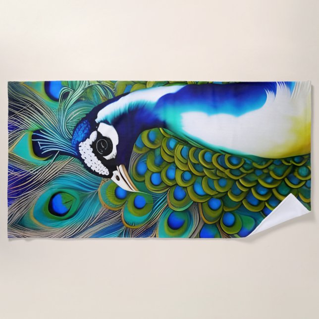 White blue and Green Piebald Peacock  Beach Towel (Front)
