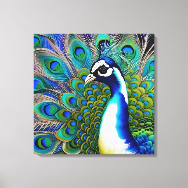 White blue and Green Piebald Peacock  Canvas Print (Front)