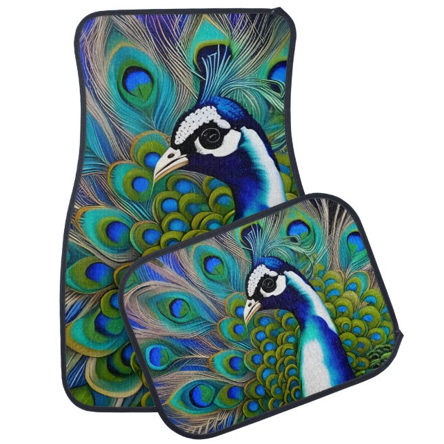White blue and Green Piebald Peacock  Car Floor Mat (Set)