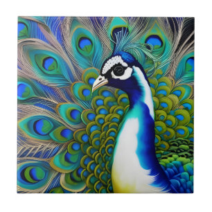White blue and Green Piebald Peacock Ceramic Tile