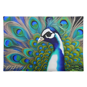 White blue and Green Piebald Peacock  Cloth Placemat