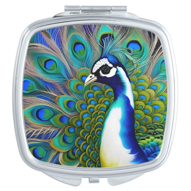 White blue and Green Piebald Peacock  Compact Mirror (Front)