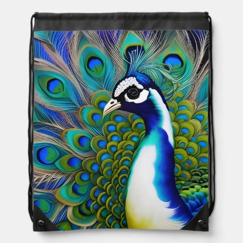 White blue and Green Piebald Peacock  Drawstring Bag