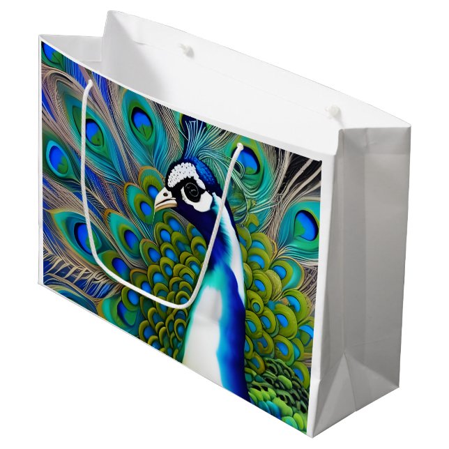 White blue and Green Piebald Peacock  Large Gift Bag (Front Angled)