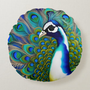 White blue and Green Piebald Peacock Round Pillow