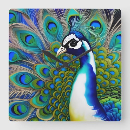 White blue and Green Piebald Peacock  Square Wall Clock