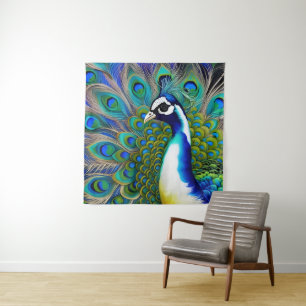 White blue and Green Piebald Peacock Tapestry
