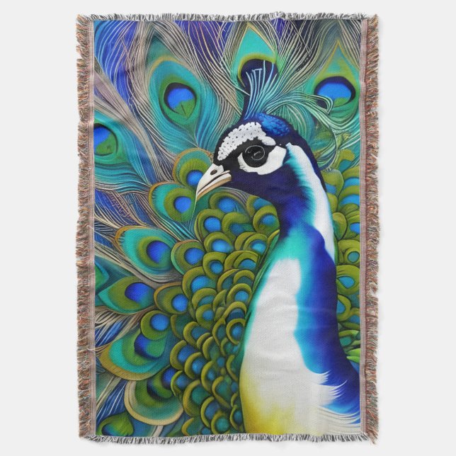White blue and Green Piebald Peacock  Throw Blanket (Front Vertical)