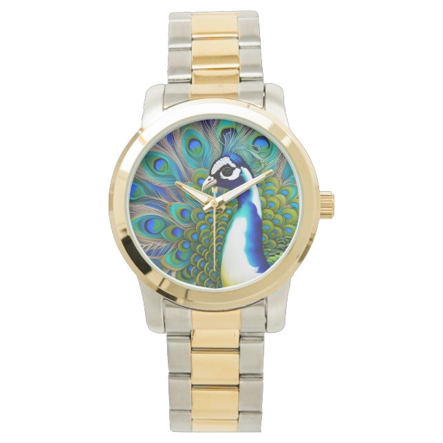 White blue and Green Piebald Peacock  Watch (Front)