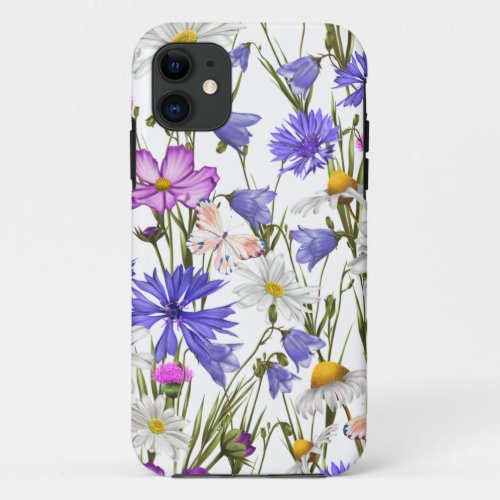 White Blue and Purple Wildflowers Botanical  iPhone 11 Case