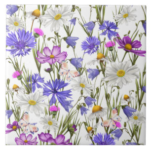 White, Blue and Purple Wildflowers Botanical  Ceramic Tile