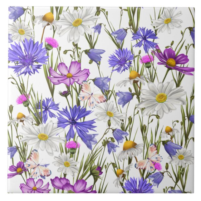 White, Blue and Purple Wildflowers Botanical  Ceramic Tile (Front)