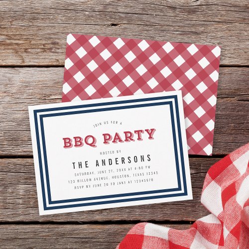 White Blue and Red Gingham BBQ Party Invitation