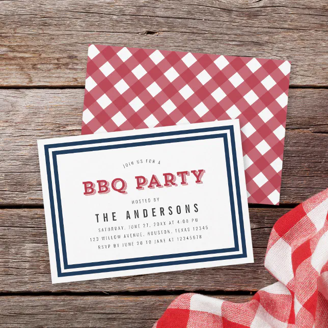 White Blue and Red Gingham BBQ Party Invitation | Zazzle
