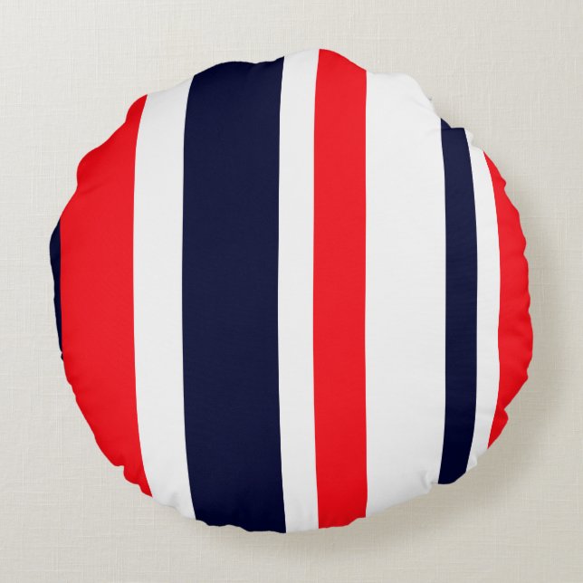 White, Blue And Red Stripes Round Pillow (Back)