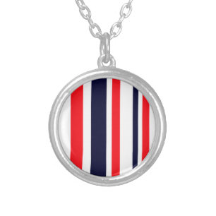 White, Blue And Red Stripes Silver Plated Necklace