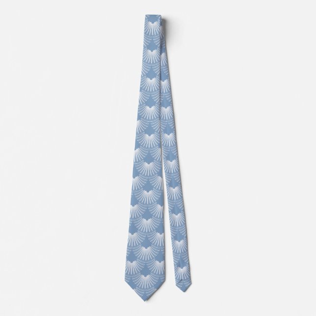 White & Blue Art-deco Geometric Pattern Neck Tie (Front)