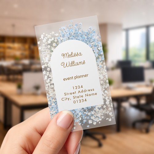 white blue baby's breath frame clear business cards
