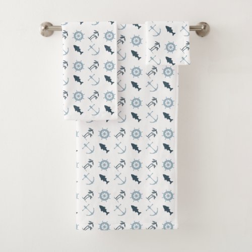 White Blue Beach Anchors Palm Trees Bath Towel Set