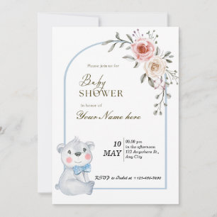 White Blue Bear Baby Shower invitations Boy