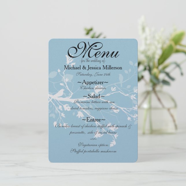 White Blue Bird Branches Wedding Menu (Standing Front)
