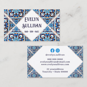 White blue black mediterranean tiles business card