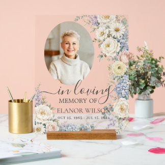 White Blue Blush Floral Photo Funeral Memorial Acrylic Sign