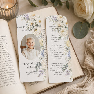 White Blue Blush Floral Photo Funeral Memorial Bookmarks
