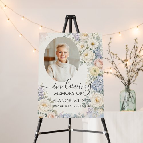White Blue Blush Floral Photo Funeral Memorial Foam Board