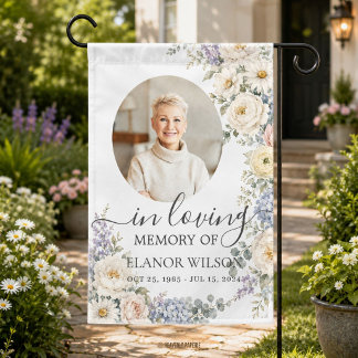 White Blue Blush Floral Photo Funeral Memorial Garden Flag