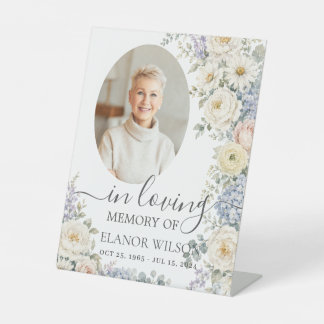 White Blue Blush Floral Photo Funeral Memorial Pedestal Sign
